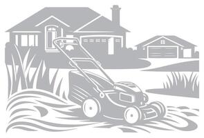 Lawn Mower in Front of a House Design Illustration vector