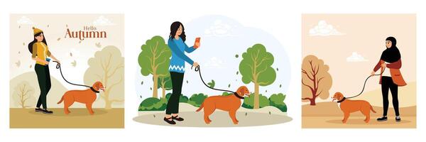 Woman walking her dog in the park, using smartphone, with view of falling leaves. vector