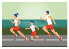 Family Jogging Together on a Path Near a Tranquil Lake. vector