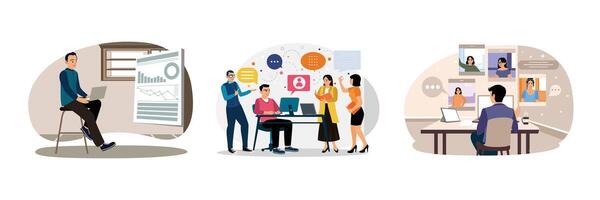 A group of business people discuss online using computers via calls with clients and partners. vector