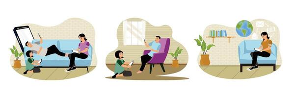 Family relaxing on the couch, father and daughter spending time online, browsing social networks. vector