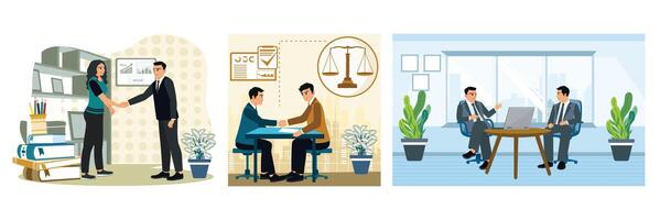 Two businessmen collaborating in the office, shaking hands, discussing to reach a business deal. vector