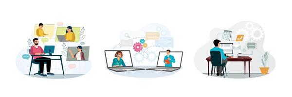 Managers hold remote virtual meetings with employees using laptop computers. vector