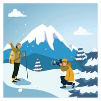 A pair of climbers take a photo while hiking in winter. vector