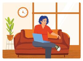 Young Man Relaxing at Home While Working with Laptop on Sofa. vector