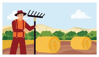 Farmer standing in a field with hay bales and farming tools. vector