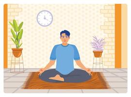 Man Practicing Meditation Indoors Surrounded by Plants and Calm Atmosphere. vector