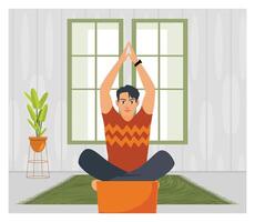 Online Training with Gadgets. Guy with Smart Watch Doing Yoga in a Relaxing Home Environment. vector