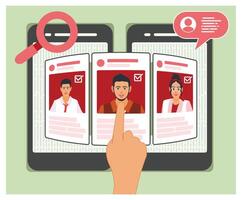 Online Profile Selection and Hiring Process, Hands Choose Digital CV of Work Applicants. vector