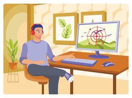 A Boy Plays Online Games on a Computer Using a Headset at Home. vector
