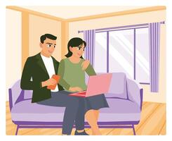 Man and Woman Spend Time Together Using Devices Together on Cozy Sofa. vector