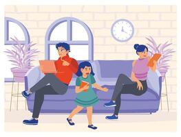 Family is Sitting on Couch Ignoring Each Other for Concept of Communication Problems. vector