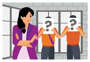 Smiling Young Employee Successful at Interview in Office with People Holding Question Mark Signs. vector