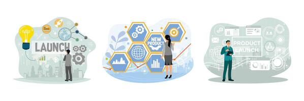 Entrepreneurs analyze growth data and launch new products. vector