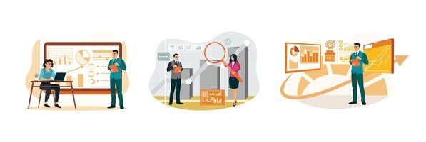A manager and employee analyze marketing data using a magnifying glass and a bar graph. vector