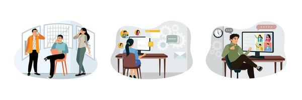 Support service operators talk to customers and hold virtual meetings. vector