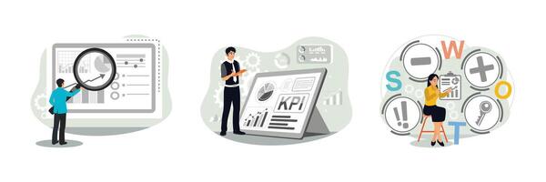 Entrepreneurs analyze key performance indicators with graphs and charts. vector
