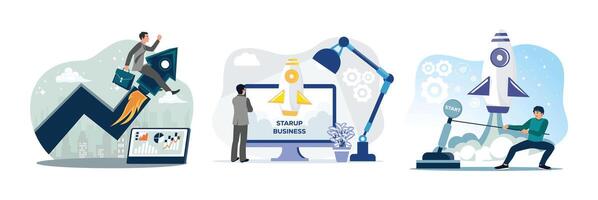 Entrepreneurs launch startups with rocket symbols on the way to success. vector