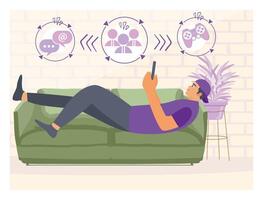 A Man Lying on Sofa and Surfing Internet, Chatting in Social Network or Playing Game on Smartphone. vector