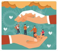 Tiny Employees are Happy Working Under Big Hands That Protect and Support. vector