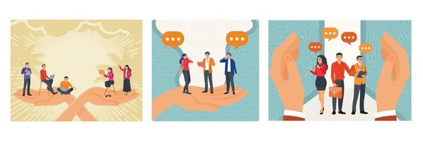 Tiny Workers on Giant Hands. Boss Takes Care of His Subordinates. Wellbeing in Hand Frame. vector