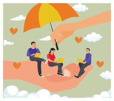 Tiny Workers at Giant Hand of Employer and Beneath Protective Umbrella. vector