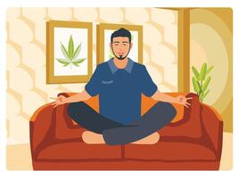 Young Man with a Beard Sitting on the Couch and Practicing Meditation, in Casual Clothes. vector
