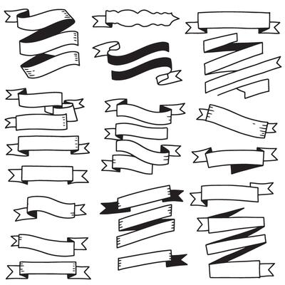 Minimal vintage outline art ribbon banner set bundle silhouette variation design with curled scrolls