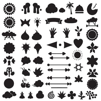 Vintage groovy variation design silhouettes of ribbons, cartoon animals, hand icons, floral shapes, and star symbols bundle