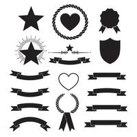 Scroll and emblem style star, shield, heart shape, ribbons banner element set silhouette vector