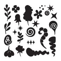Funky silhouette variation design elements including groovy stars, cartoon animals, hand outlines, flowers, and ribbon art for creative layout vector