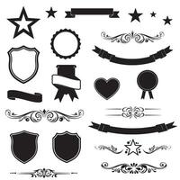 Vintage star, shield, heart shape, ribbons banner and scroll element set silhouette for signage and icon use vector