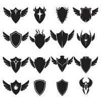 Unique shields wings element silhouette bundle featuring classic medieval shapes, emblem icons, and retro warrior logo design set vector