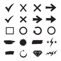 Check marks, crossed, arrows, underlines, circles, squares, brush stroke icon element silhouette bundle symbol vector