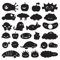 Groovy funky element tree, animal cartoon, flower and other element silhouette bundle with curve frame elements vector