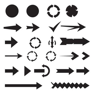 Circle, arrow, check marks, and line and other element silhouette bundle perfect for minimalist UI projects