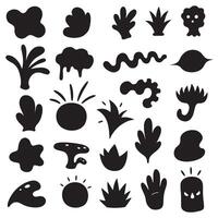Groovy funky element tree, animal cartoon, flower and other element silhouette bundle with happy nature icons vector