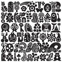Retro groovy variation flower, star, cartoon animal, ribbon, and hand design silhouette bundle for funky visual layout, branding, and decorative graphics vector