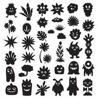 Groovy funky element tree, animal cartoon, flower and other element silhouette bundle with character pose shapes vector