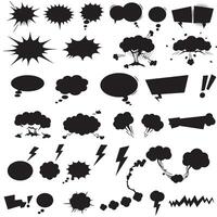 Silhouette comic burst and boom shapes with speech bubbles for use in pop art retro design and comic illustration vector
