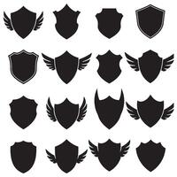 Unique shields wings element silhouette bundle with decorative vintage wings, emblem outline pack, and elegant protective shapes vector