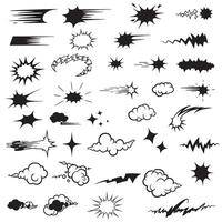 Decorative burst lines and sparkle icon silhouette elements in a doodle style set for creative design needs vector