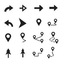Navigation icons arrows, pins, location and route icon silhouette bundle for map design vector