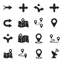 Flat navigation icon bundle with arrows, pins, route, and location silhouettes vector