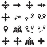 Route icon silhouette bundle with arrows and location navigation symbols vector