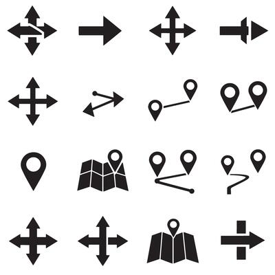 Route icon silhouette bundle with arrows and location navigation symbols