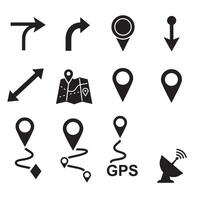 Navigation and GPS icon silhouette pack with location pins and route arrows vector