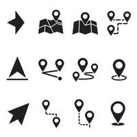 Route and location icon set with navigation arrows and pins silhouette bundle vector