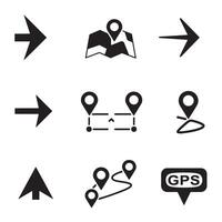 Location and direction icon silhouette set with navigation pins and arrows vector