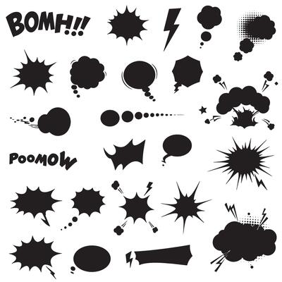 Boom effect and burst silhouette illustrations with speech bubbles for comics retro themes and pop art layout